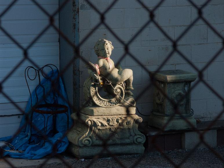 Cherub with ribbon in the sun through a chain link fence Cambridge MA Chain link fence frames a concrete cherub lawn ornament with a pink ribbon around its neck