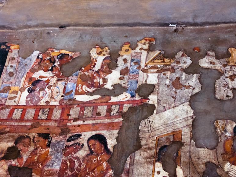 Cave paintings at Ajanta caves Cave one of the Ajanta caves, with a half visible painting of indian scenes in color onto a rock cliffside in the Aurangabad district of Maharashtra, India