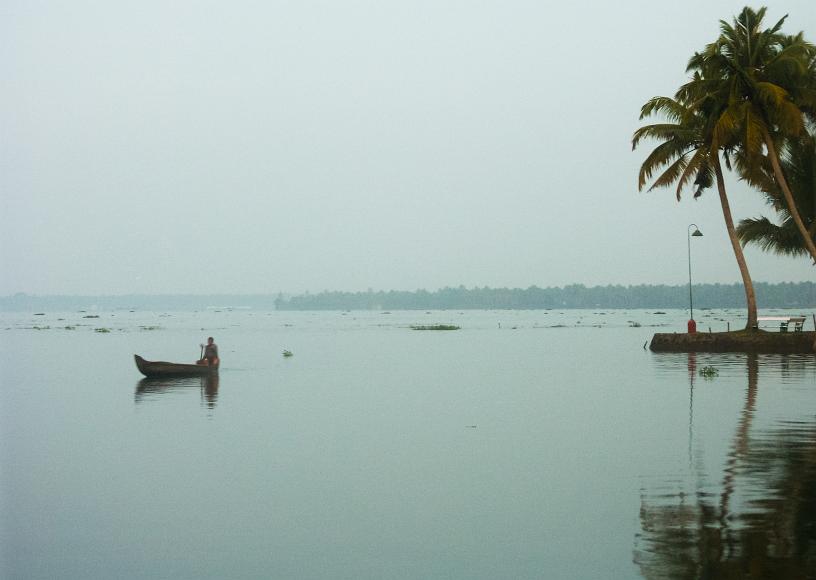 Man paddles along the Backwaters of Kerala Man in a canoe paddles along a waterway with palm trees, a metal bench, and a streetlight visible to the right, in the backwaters of Kerala, India
