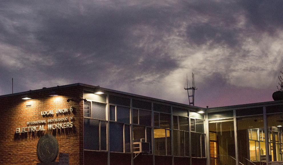 Local Union 6 Electrical workers The building for the local electrical workers union in front of sutro tower and the last purple remnants of a sunset in the sky in the lower haight neighborhood...