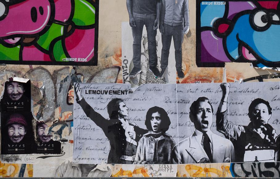 Complicated Paris Graffiti Paint and Wheatpaste graffiti including some from birdy kids and lemouvment and hares as well as some nattily dressed men