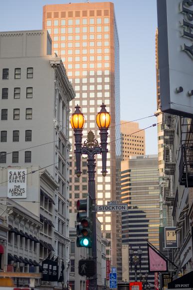 Looking in downtown San Francisco from Chinatown Street scene of buildings against each other near Union Square and Chinatown