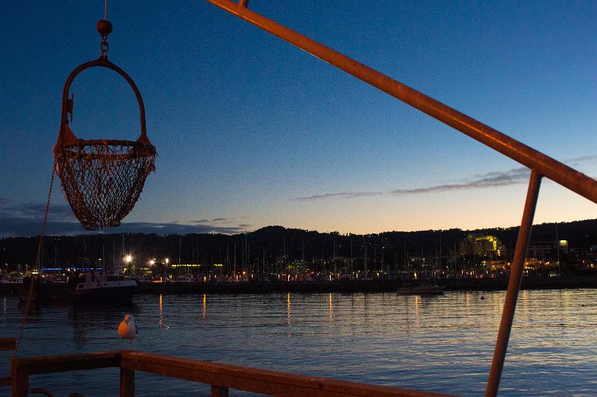Monterrey Harbor at late dusk Basket for transferring fish with a seagull in the foreground before Monterrey Bay with sailboats and the mainland behind and the sun's light barely remaining