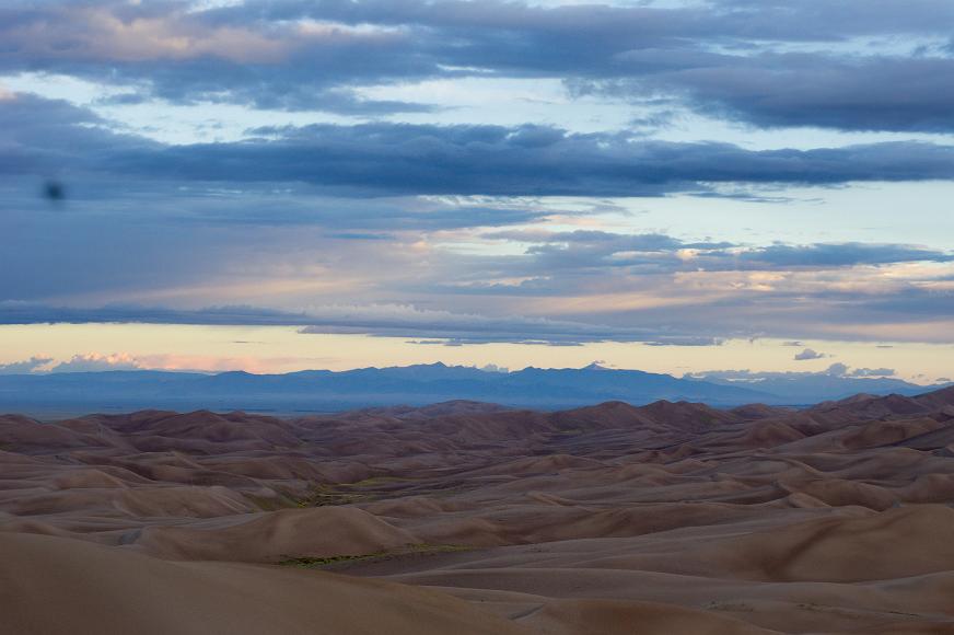 Sand dunes stretch into forever, or just the San Luis Valley Beighe sand dunes with yellow and green small plants underneath a sunrise sky in the San Luis Valley near Alamosa Colorado