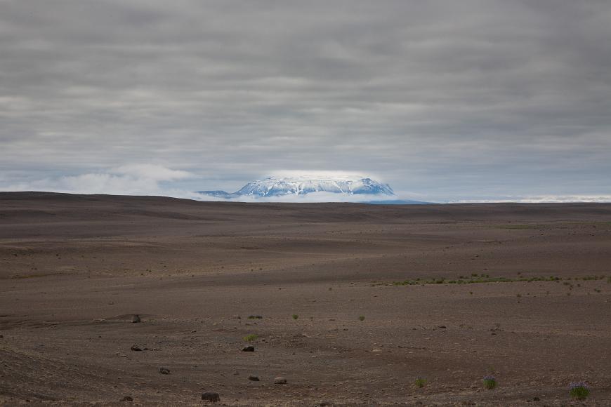 Flat topped snowcapped mountain over almost totally barren brown volcanic plain