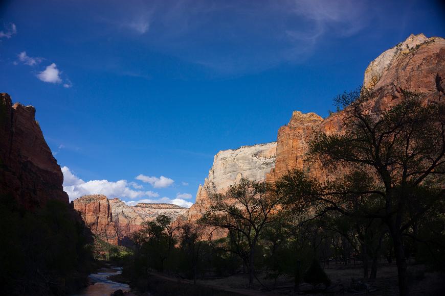 Late afternoon in Zion NP The Zion River runs through the sandstone valley