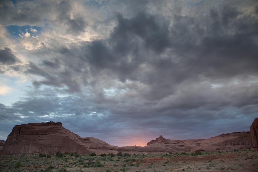 Pink sandstone cliffs in Arches National Park