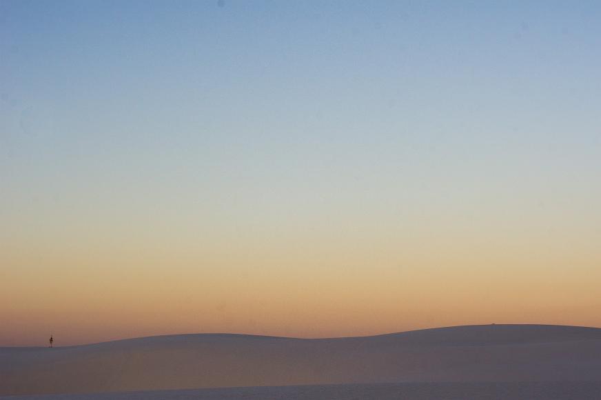White Sands 2012 12 White gypsum sand dunes underneath a pink and orange sky just after sunset and one yucca in sihouette in White Sands National Monument in New Mexico